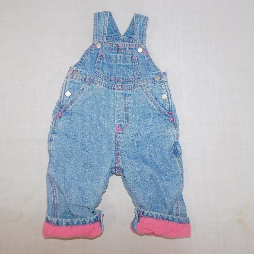 The Childrens Place baby Girl 6-9 Months Denim Pink Fleece Lined Overalls